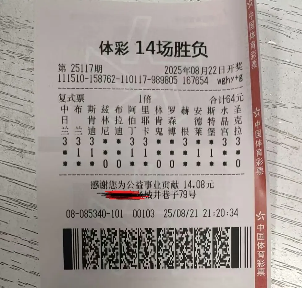 实际投注票面(25117期,64元)